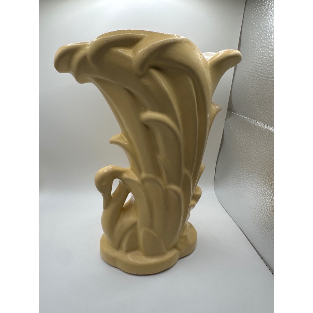 Vintage McCoy Swan Cornucopia Vase Matte Yellow Art Pottery 9 Inch USA Made